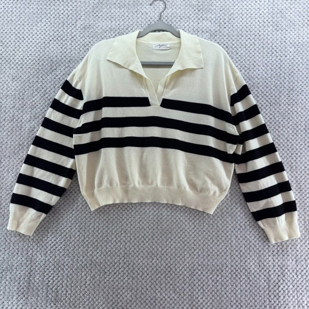 Carly Jean LA Sweater Womens L Ivory Black Striped Polo Pullover V-Neck Relax